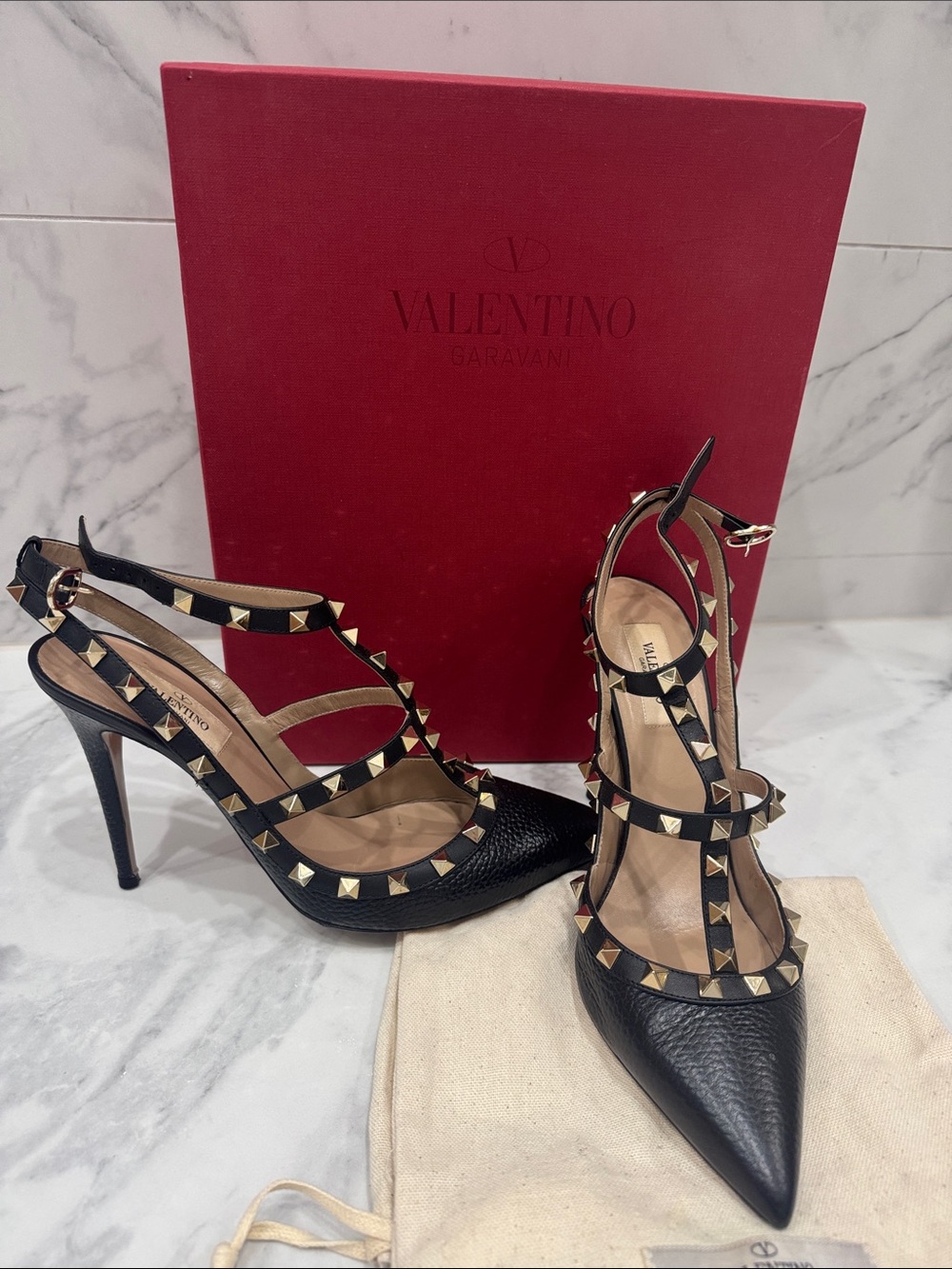 Valentino Black Leather Rockstud Pointed-Toe T-Strap Heels